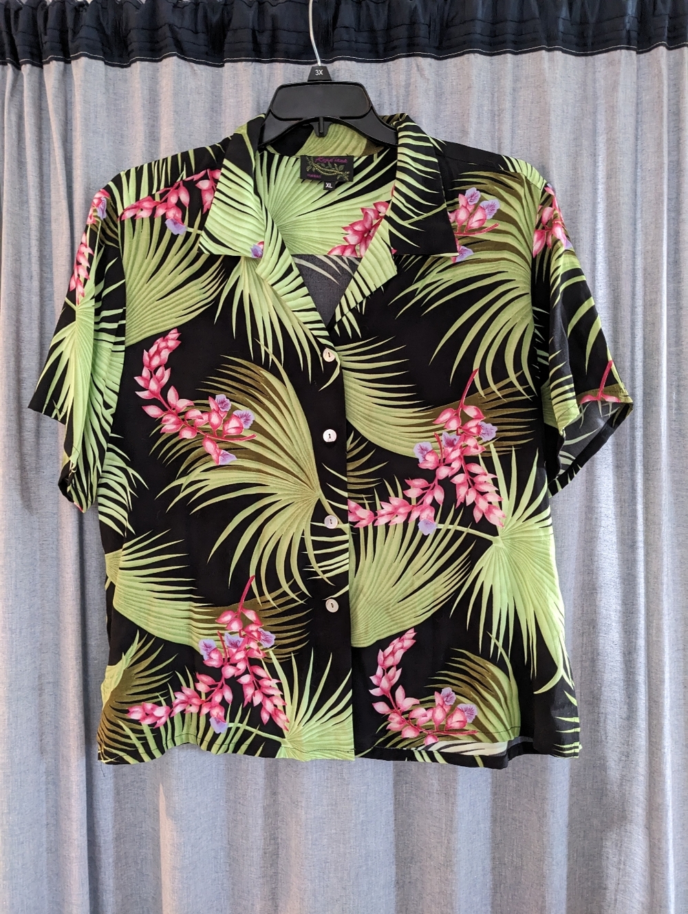 Kaua'iana Top XL Aloha Shirt Black Green Floral Hawaii Made Button Up Summer